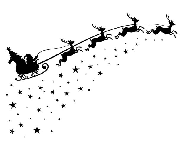 Santa Claus on sleigh flying sky with deers black vector silhouette for winter holiday decoration and Christmas greeting card Santa Claus on sleigh flying sky with deers black vector silhouette for winter holiday decoration and Christmas greeting card. Monochrome santa claus with christmas tree in night sky illustration animal sleigh stock illustrations