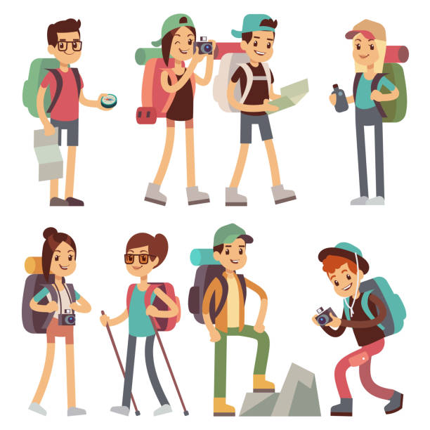 ilustrações, clipart, desenhos animados e ícones de os turistas pessoas caracteres para caminhadas e trekking, conceito de vetor de viagens férias - mochileiro