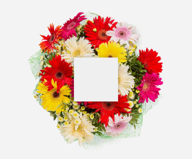 istock Creative layout made of flowers and leaves with paper card note. Flat lay 854083010