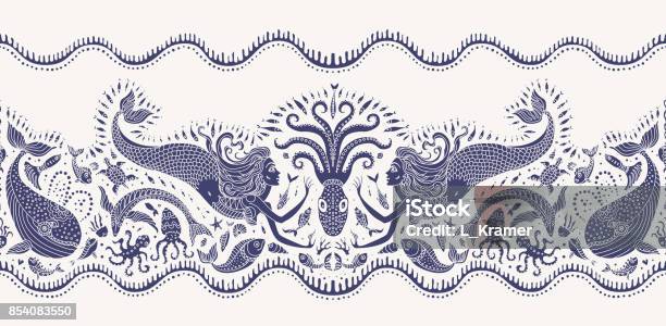 Vektor Musterdesign Fantasy Meerjungfrau Tintenfisch Fisch Meer Tiere Dunkle Indigo Blausilhouette Mit Ornamenten Auf Einem Beigen Hintergrund Batikgrenze Tapete Kühlschrank Textildruck Geschenkpapier Stock Vektor Art und mehr Bilder von Meerjungfrau