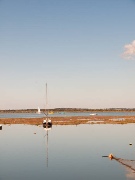 istock boat moored in estuary scene with mast reflected in water blue sky 854084432