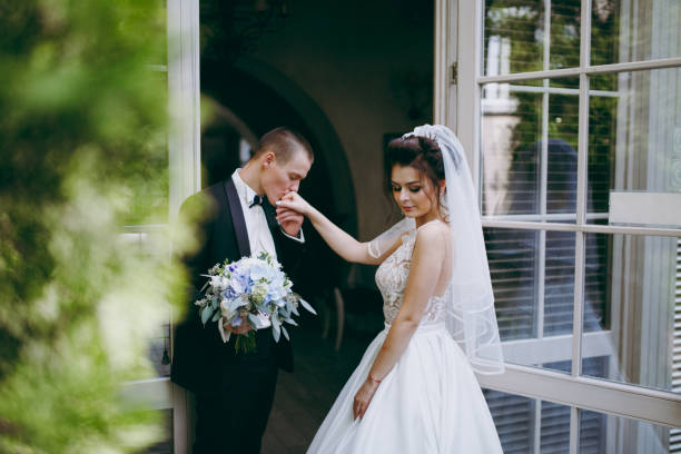 istock Beautiful wedding couple on a walk outdoor 854089640