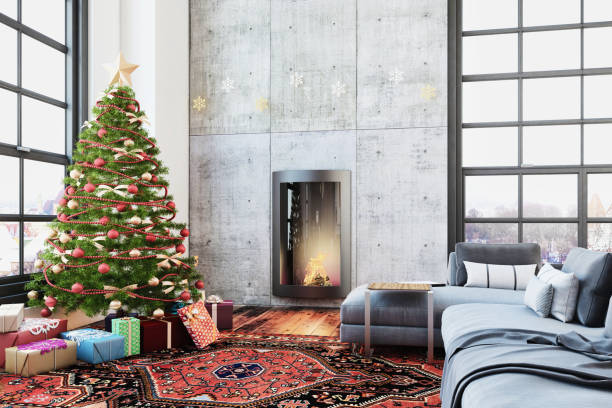 istock Christmas interior with a fireplace, Christmas tree with presents and armchair 854089806