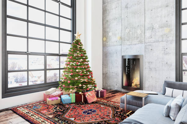 istock Christmas interior with a fireplace, Christmas tree with presents and armchair 854089810