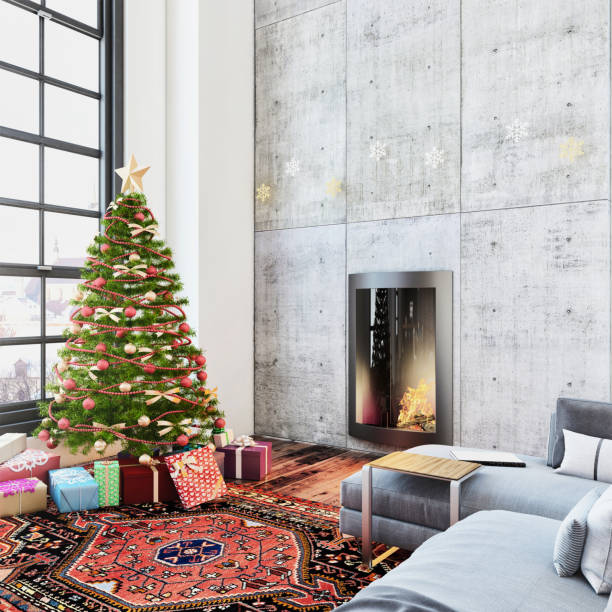 istock Christmas interior with a fireplace, Christmas tree with presents and armchair 854090018