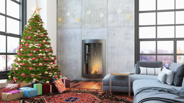 istock Christmas interior with a fireplace, Christmas tree with presents and armchair 854090028