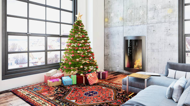 istock Christmas interior with a fireplace, Christmas tree with presents and armchair 854090044