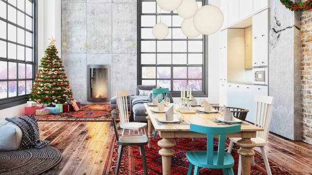 istock Christmas interior with a fireplace, Christmas tree with presents and armchair 854091384