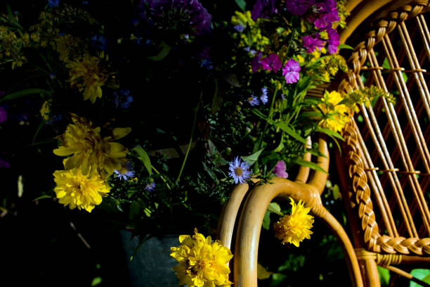 Wicker chair next to autumn flowers and plants in the backyard garden, outdoor cropped photo