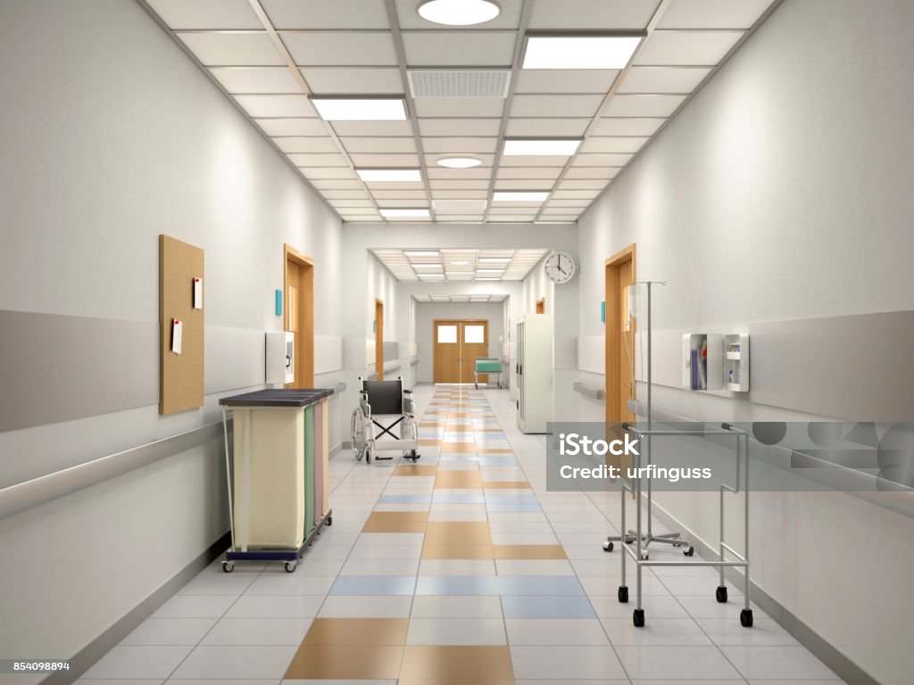 Interior of the hospital corridor. Interior of the hospital corridor. 3d illustration Hospital Stock Photo