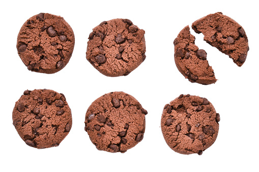 Six cookies with chocolate on isolated background. Broken cookies