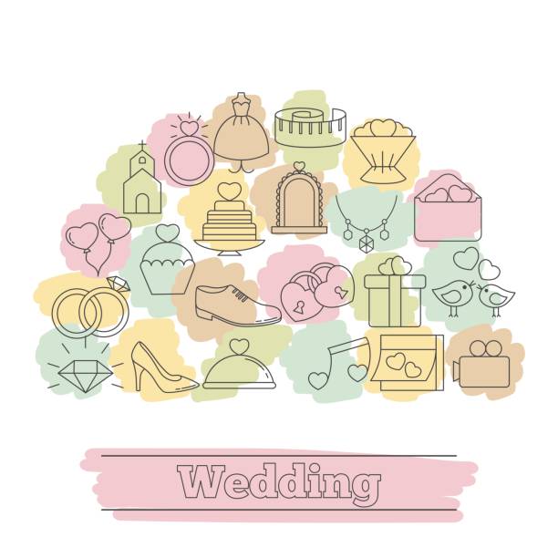 Wedding vector background Wedding vector background with wedding icons in thin line style. Can be used in wedding invitation design, cards, websites and etc. wedding decoration for church background stock illustrations