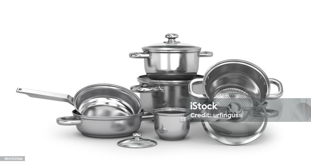 Set of stainless pots and pan with glass lids Set of stainless pots and pan with glass lids. 3d illustration Cooking Pan Stock Photo