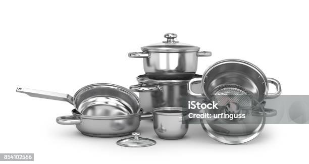 Set Of Stainless Pots And Pan With Glass Lids Stock Photo - Download Image Now - Cooking Pan, Group Of Objects, Aluminum