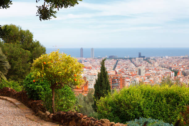 istock Panoramic view of Barcelona and walk path from Park Guell in a summer day in Spain 854103032