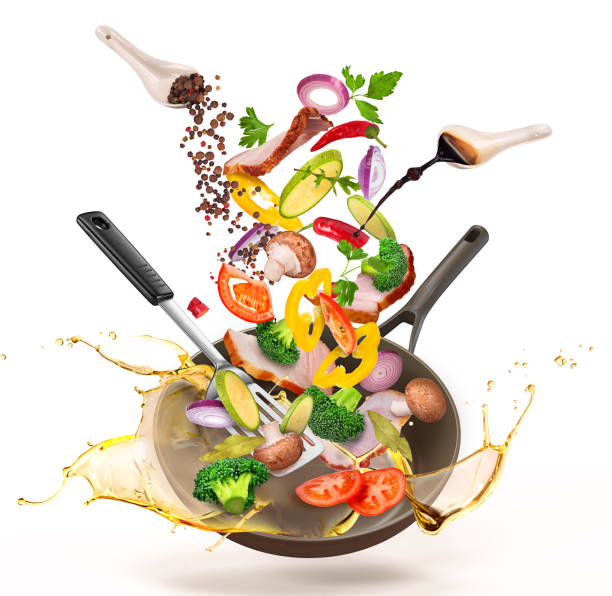 istock Frying pan with bacon and mushrooms with vegetables in oil 854103226