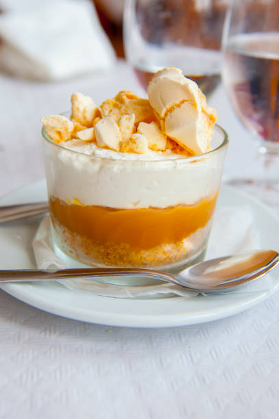 Polvito Uruguayo, typical dessert in Grand Canary Island, made with cookie, dulce de leche and chantilly and a suspiros de moya sweet on top.
