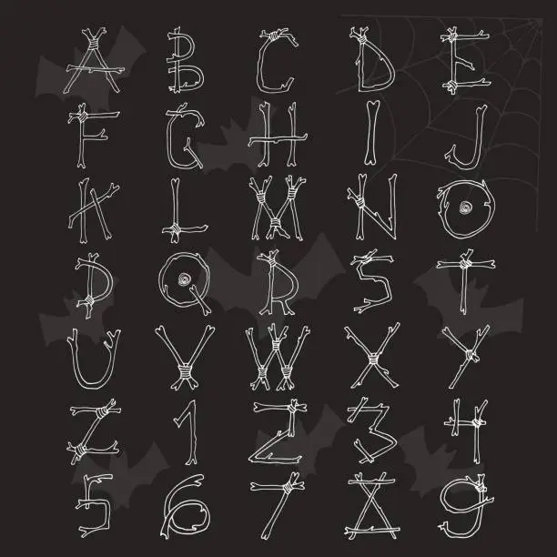 Vector illustration of Unique hand drawn Helloween font. Cute latin alphabet letters with bones and branches. ABC mistic vector illustration