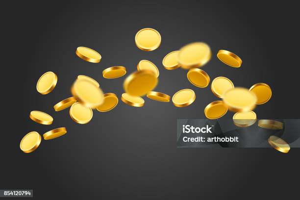 Falling Coins Falling Money Flying Gold Coins Golden Rain Jackpot Or Success Concept Modern Background Stock Illustration - Download Image Now