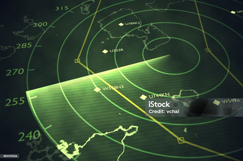 Military radar screen is scanning air traffic. 3D rendered illustration. Radar Stock Photo