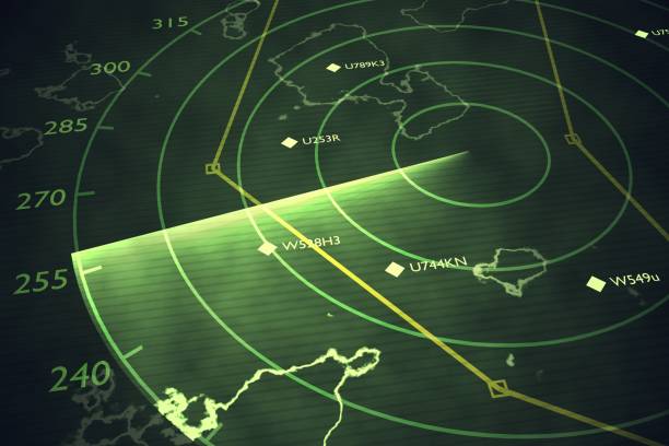 military radar screen is scanning air traffic. 3d rendered illustration. - radar imagens e fotografias de stock