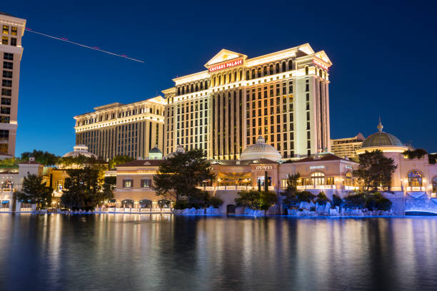 Caesars Palace luxury hotel and casino entrance and fountains in Las Vegas, Nevada, United States