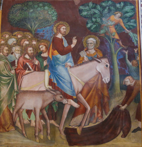 affresco a san gimignano - gesù entra a gerusalemme - san gimignano immagine foto e immagini stock