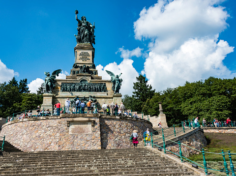 Visitors at the famous Niederwald Denkmal on the banks of the Rhine above Rüdesheim. Completed in 1883, it celebrates the unification of Germany