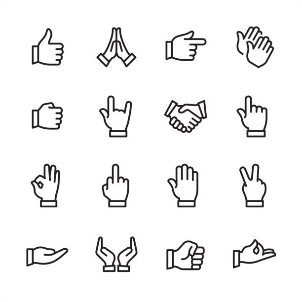 Gesture - outline icon set 16 line black and white icons / Set #26 hand sign illustrations stock illustrations