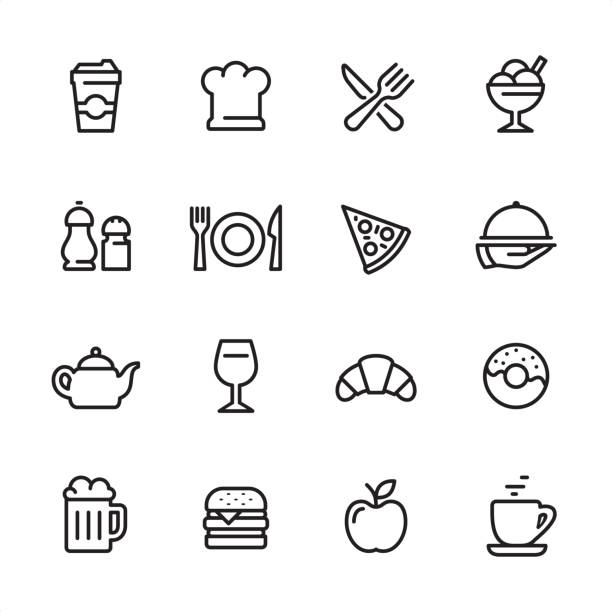 illustrations, cliparts, dessins animés et icônes de restaurant - jeu d’icônes - cafe breakfast coffee croissant