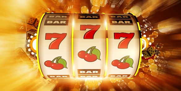 One Handed Fruit Machine Concept Illustration. 3D Rendered.  Slot Machine Drum and Casino Chips Blowing Around. Golden Theme.