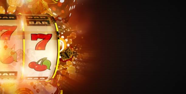 Slot Machine Win Banner Slot Machine Win Banner Concept with Copy Space. Fruit Machine and Blowing Casino Chips Dark Banner. jackpot winner stock pictures, royalty-free photos & images