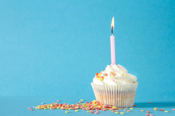 istock Capcake with a candle for a birthday. A delicious cake. Dark background. 854142612