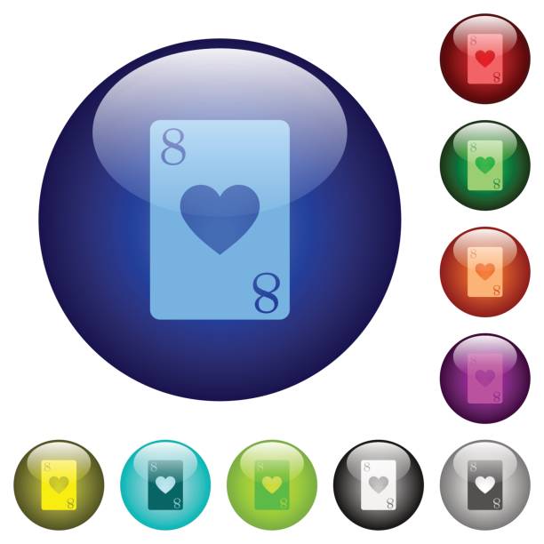 osiem kolorowych przycisków ze szkła karty kier - rummy leisure games number color image stock illustrations
