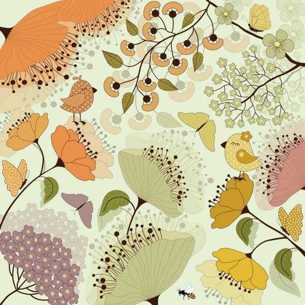 ilustrações, clipart, desenhos animados e ícones de floral fundo colorido com pássaros e borboletas - flower backdrop nature leaf