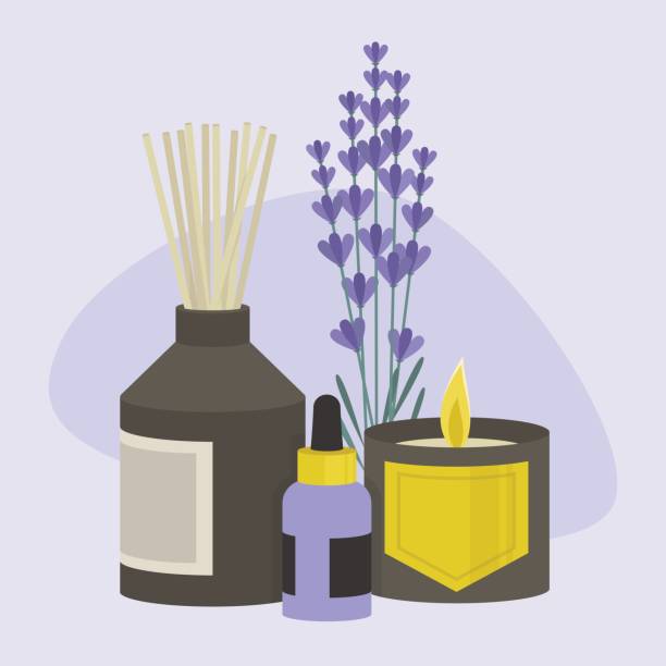 aroma-therapie festlegen. eine sammlung von hause düfte: duft kerze, sticks und öl / flache bearbeitbares vektor-illustration, clipart - wellness kerzen stock-grafiken, -clipart, -cartoons und -symbole