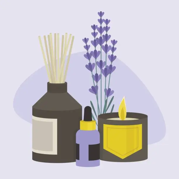 Vector illustration of Aroma therapy set. A collection of home fragrances: aroma candle, sticks and oil / flat editable vector illustration, clip art