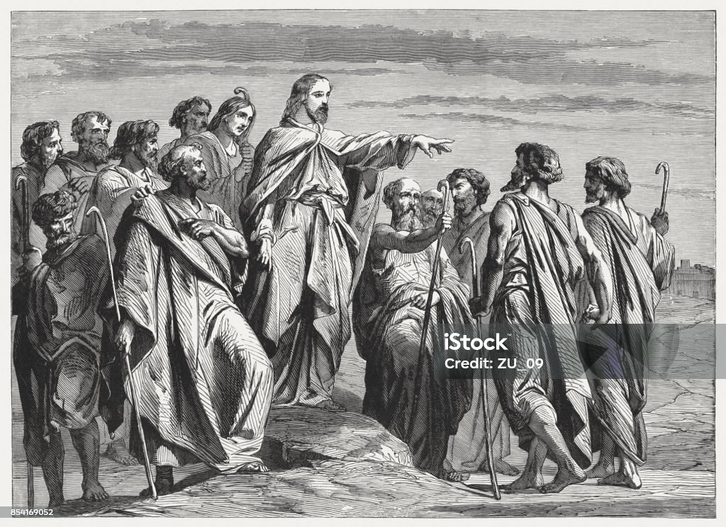 Jesus Sends Out the Twelve Apostles (Matthew 10), published 1886 Jesus sends out the twelve apostles (Matthew 10). Wood engraving, published in 1886. Apostle - Worshipper stock illustration