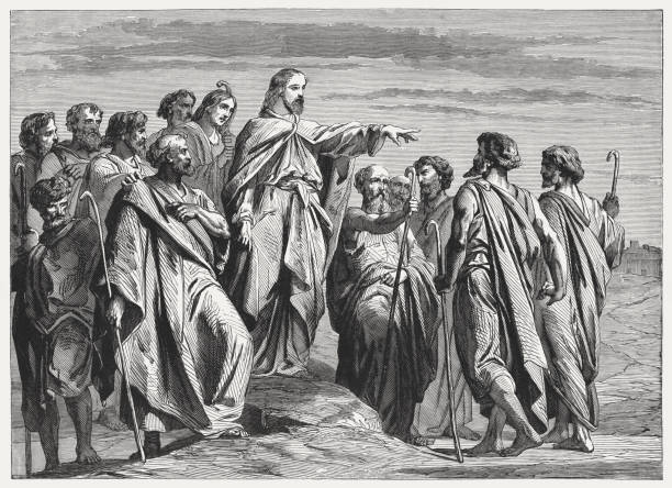 Jesus Sends Out the Twelve Apostles (Matthew 10), published 1886 Jesus sends out the twelve apostles (Matthew 10). Wood engraving, published in 1886. apostle worshipper stock illustrations