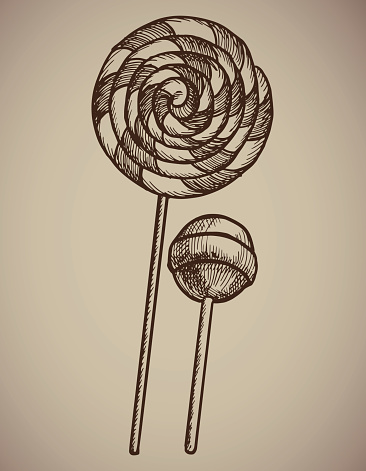 Engraving Lollipops. Engraving two candies. A huge spiral lollipop and a round candy on a stick. Engraving menu for the restaurant. Vector illustration. EPS 10.