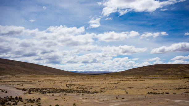 istock High altitude landscape with harsh barren landscape and scenic dramatic sky. Wide angle view from above at 4000 m on the Andean highlands, Peru. 854176138