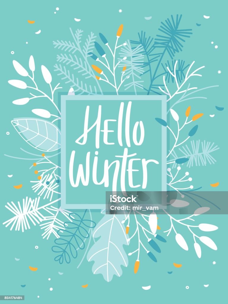 Carte hiver avec feuilles et Branches - menthe de couleur fond - clipart vectoriel de Hiver libre de droits