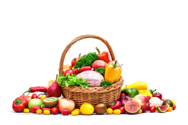 istock Composition with vegetables and fruits in wicker basket isolated on white. 854182944