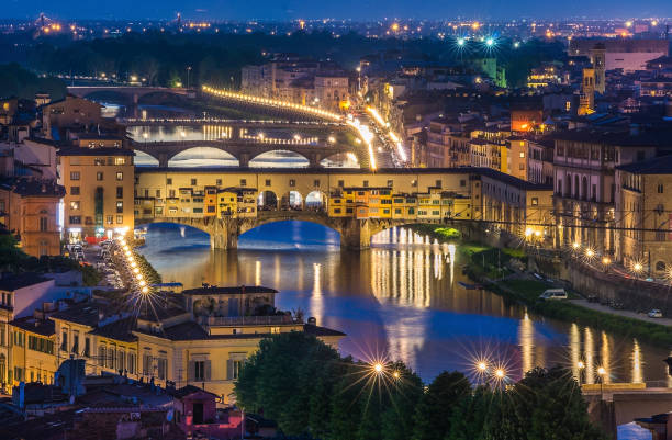 istock Florence, Ponte Vecchio arch bridge at twilight from Piazzale Michelangelo (Tuscany, Italy) 854192282