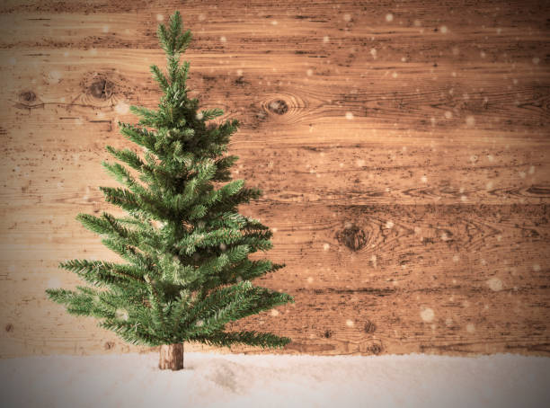 istock Retro Christmas Tree, Snow, Copy Space, Wooden Background 854219982