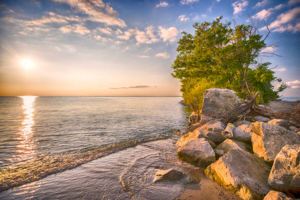 Point Pelee National Park beach at sunset stock photo