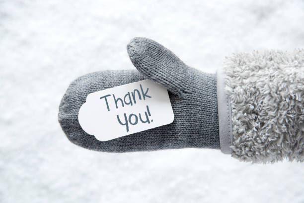 Wool Glove, Label, Snow, Text Thank You stock photo