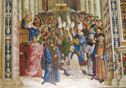 Frescoes (1502) in Piccolomini Library in Siena Cathedral, Tuscany, Italy, by Pinturicchio depicting Pope Pius II entering the Lateran as pontiff in 1458