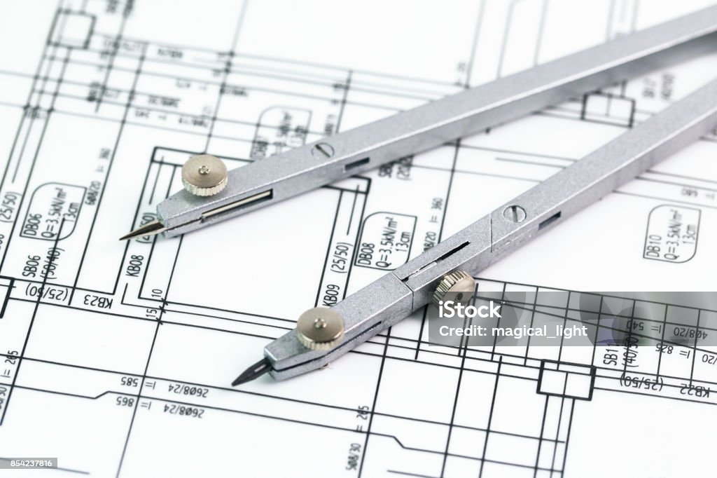 Building Plan Compass Architectural Background With Plan Blueprint Roll And Drawing Compass ...