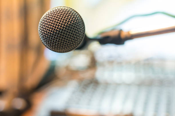 istock Soft focus microphone in the recording studio. Vintage tone. 854241336